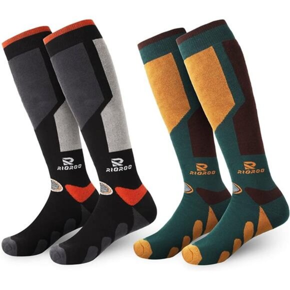 2 Pairs Men's Thermal Knee-high Warm Skiing Socks, Black & Blue